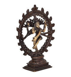 Lord Shiva Natraj brass idol statue, gold figure with dark patina, 6 inch