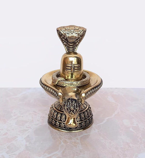 Brass Shiva Ling Murti Shivling with Nandi Maharaj Figurine Bronze Sculpture Deity Lord Shiva Statue Hindu Puja Vastu Gifts Home Decor Height: 5 inch Study Setting
