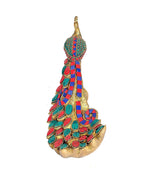 Standing brass peacock figurine with detailed red, teal, blue mosaic pattern