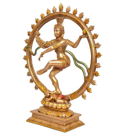 Dancing Nataraj Shiva resin idol with gold and green accents, circular halo ring, on square base.