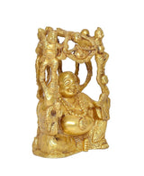 Brass gold laughing Buddha decor piece, angled view with framed belly and arms, 8 in