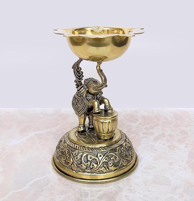 Brass Elephant Oil Lamp Diya for Home Pooja Antique Items Gift Items Deepam Diwali Home and Office Decor (Height: 5 Inch)