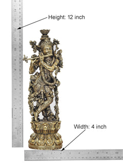 Brass Lord Krishna sculpture with size chart: Height 12 inch, Width 4 inch