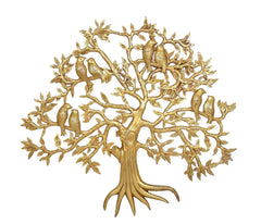 Brass Kalpavriksha tree wall hanging, centered trunk with multiple perched birds