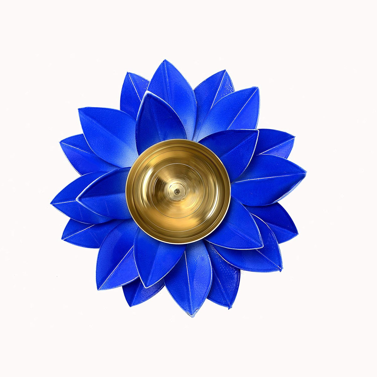 Decorative lotus diya with blue petal design and brass bowl holder, 1.8 in height.
