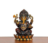 Ganesha brass figurine with ornate crown and jewelry, seated on lotus base, 5 in