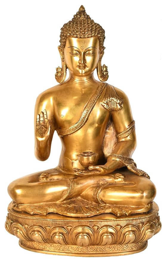 Brass Buddha statue in abhaya mudra, seated cross‑legged on ornate base