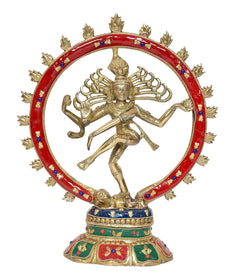 Brass Nataraj Lord Shiva figure with red arched halo, gold detailing and decorated pedestal