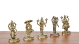 Brass Dashavatara figurines with detailed crowns and armor, on ornate round bases