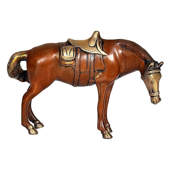 Brass horse figurine with saddle, brown and gold, side view