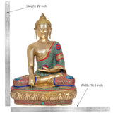 Brass Buddha statue (22 in), seated in dhyan mudra, teal and red patterned robe