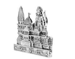 Silver Ram Mandir architectural model from a 3/4 angle, temple towers and standing deity