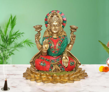 Brass Goddess Lakshmi with Elephant Idol (Height 8 Inch)