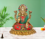 Brass Goddess Lakshmi with elephant idol, 8-inch; multicolor beaded dress and halo