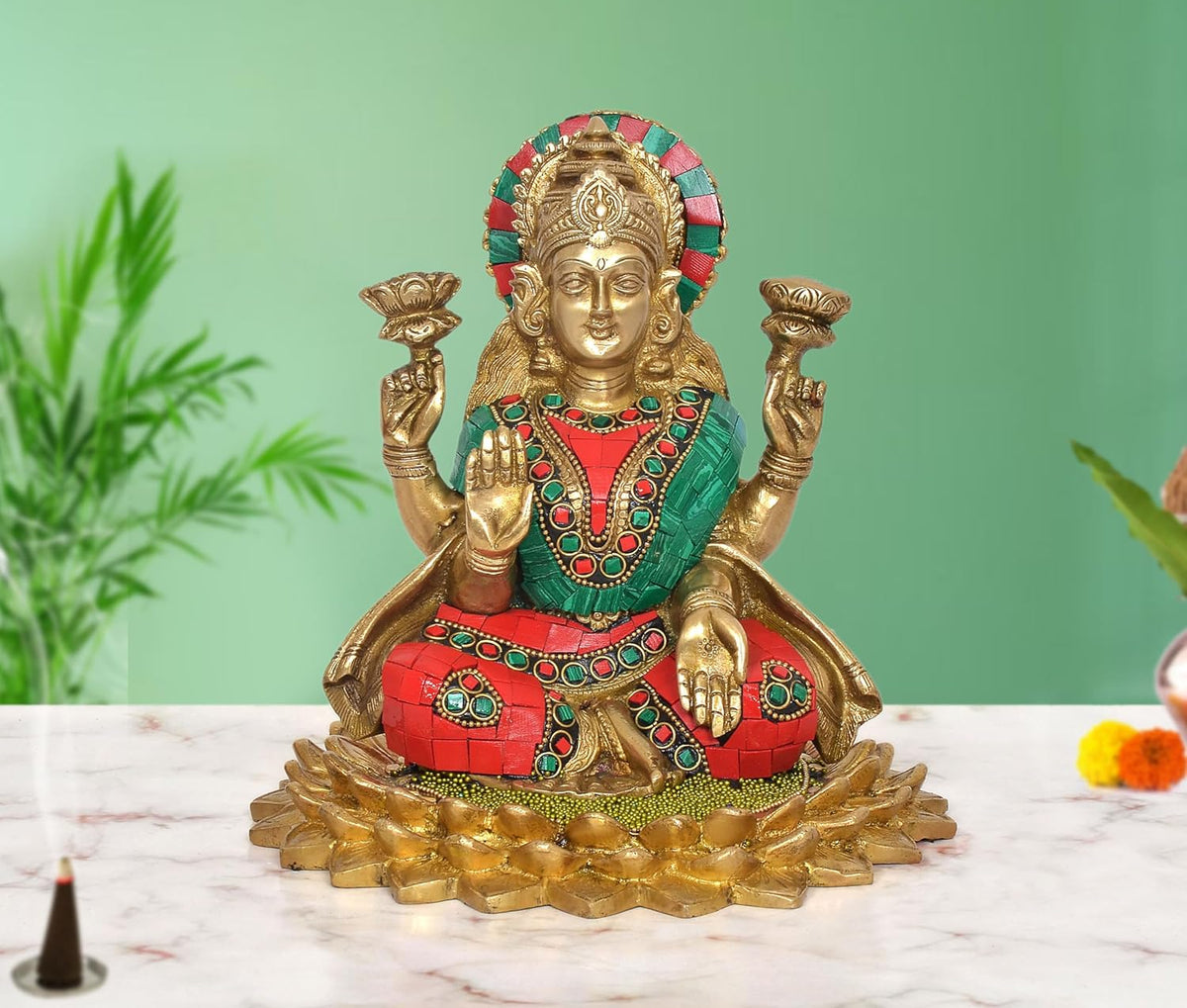 Brass Goddess Lakshmi with Elephant Idol (Height 8 Inch)