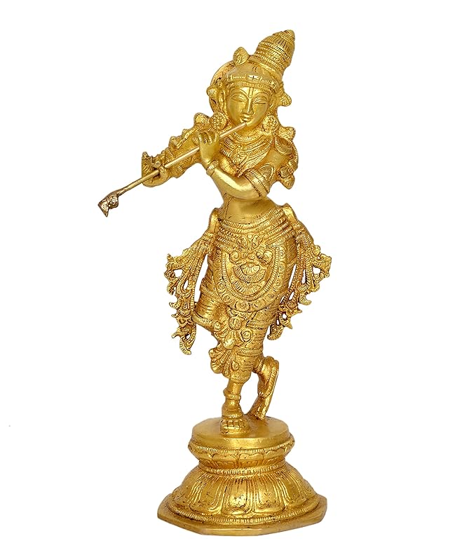 Brass Lord Krishna Idol Figurine Sculpture Playing Flute Statue Decorative Showpiece, (Height 9.5 Inch) Craft Detail