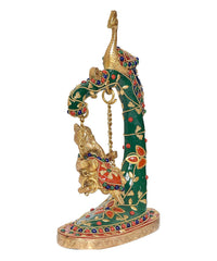 Rear view brass peacock swing Ganesha statue with enamel pattern and gold frame