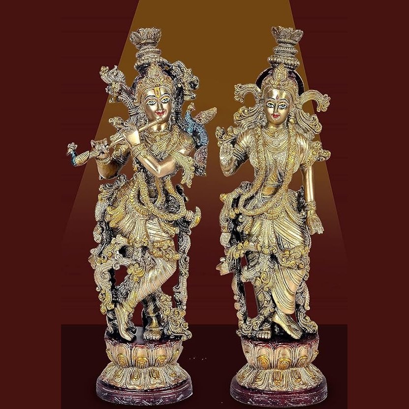 Brass Radha Krishna with Eye Work Statue Idol for Home Decor | Pair | Heigh : 14 Inches | Multicolor