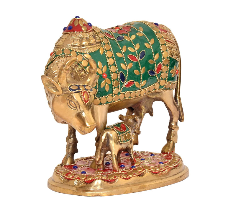 Brass Kamdhenu Cow with Calf for Home Decor Pooja Mandir Pooja Temple Office Decorative Showpiece Statue (Height: 6.5 Inch)