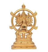 Brass Yoga Narasimha Vishnu figurine inside circular ring, detailed standing pose