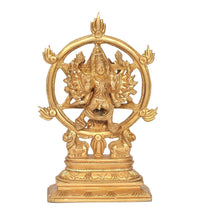 Brass Yoga Narasimha Vishnu figurine inside circular ring, detailed standing pose