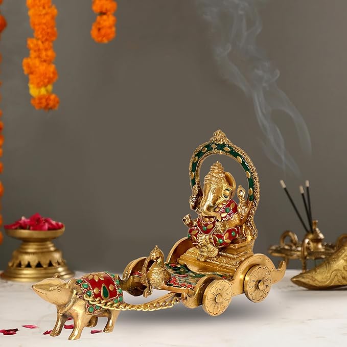 Brass Ganesha chariot statue with mouse, jeweled detailing, 12-inch length