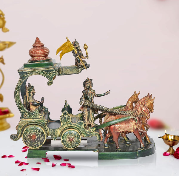 Brass Arjun Rath Idol – Lord Krishna & Arjuna Flag with Hanuman Ji Mahabharata Chariot Statue for Temple & Home Decor Office Mandir Pooja Decorative Showpiece (Height:14 Inches)
