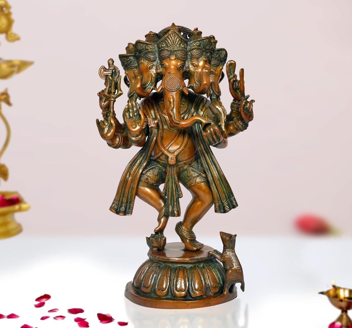 Panchmukhi Ganesha brass dancing statue, multi-arm pose, green-gold finish, 15 in