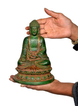 Green Buddha statue in hand, compact 8-inch size, seated meditation figure