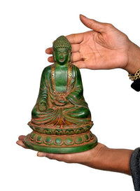 Green Buddha statue in hand, compact 8-inch size, seated meditation figure