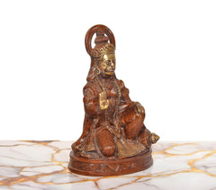 Brass Hanuman JI sitting blessing statue, 9-inch, right-profile pose with jeweled crown
