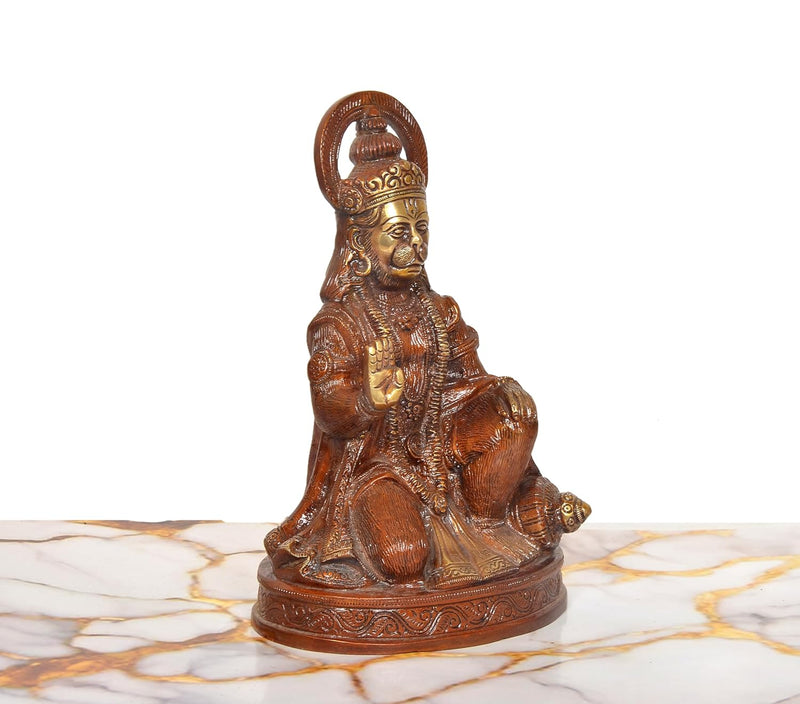 Brass Hanuman JI Sitting in Blessing Statue (Height: 9 Inch)