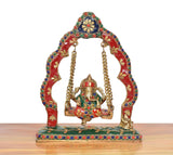 Brass Ganesha swing jhula statue, multicolor domed frame with seated deity and chains