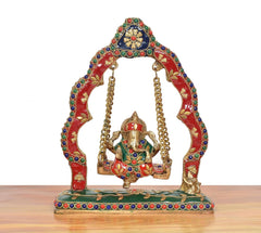 Brass Ganesha swing jhula statue, multicolor domed frame with seated deity and chains