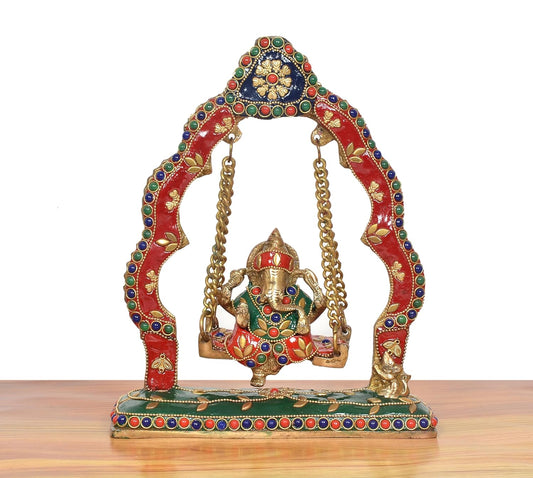 Brass Ganesha Swinging Jhula Statue (Height: 9 Inch) (Multicolor)