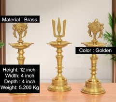 Brass diya shankh oil lamp set, golden chakra and naama emblems on ornate stems