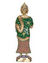 Standing Buddha statue back view, brass gold finish, green robe with red beaded trim