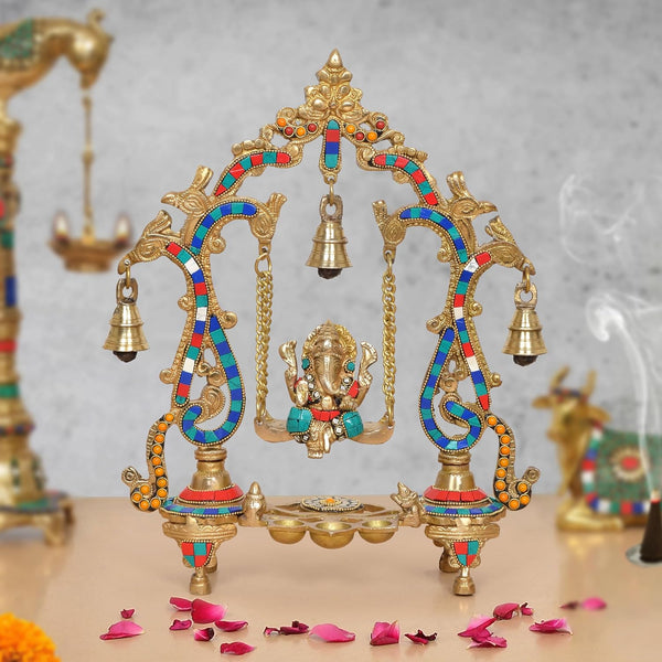 Brass Ganesha Playing On Swing Idol (Height 14 Inch)
