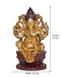Seated Ganesha idol, height 25 in, width 15 in; gold-tone figure with dark red base