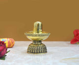 Brass Shivling with Nandi, circular tray and pedestal base, 3 inch