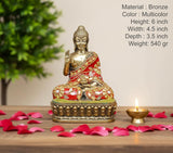 Buddha idol with red patterned robe and jeweled details, front view 6 inch