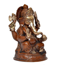 Ganesha idol statue, side view with ornate jewelry, raised hands and lotus base, bronze