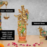 AONA multicolor brass Krishna idol playing flute, detailed meenakari work, full view