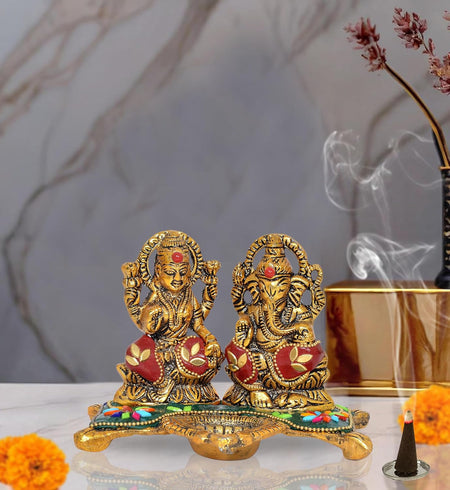 White Metal Laxmi Ganesh Diya  (Height 4 Inch)