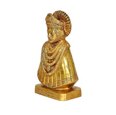 Golden brass Khatu Shyam ji idol statue, side view, ornate patterned robe