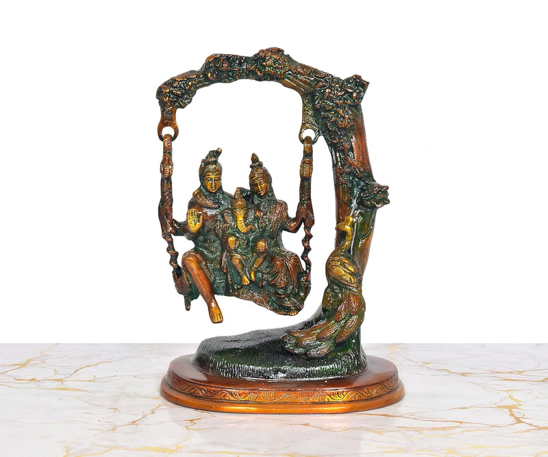 Brass Shiva Swings with Parvati and Ganesha Murti (Height: 10 inch)