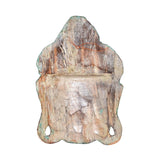 Back of wooden Buddha mask wall hanging, worn multitone finish with two hanging holes