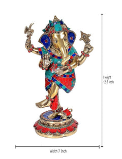Dancing Ganesha brass idol, height 12.5 in, width 7 in, multicolor jeweled clothing