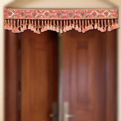 Pink patterned toran bandhanvar door hanging with multicolor motifs and tassel fringe