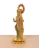 Ram ji standing metal statue side view, multicolor robes and golden adornments